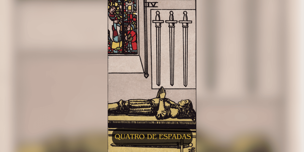 O Quatro de Espadas é uma carta do Tarot que simboliza repouso, introspecção e recuperação. Seu significado está associado à necessidade de pausa, reflexão e renovação energética antes de seguir adiante.