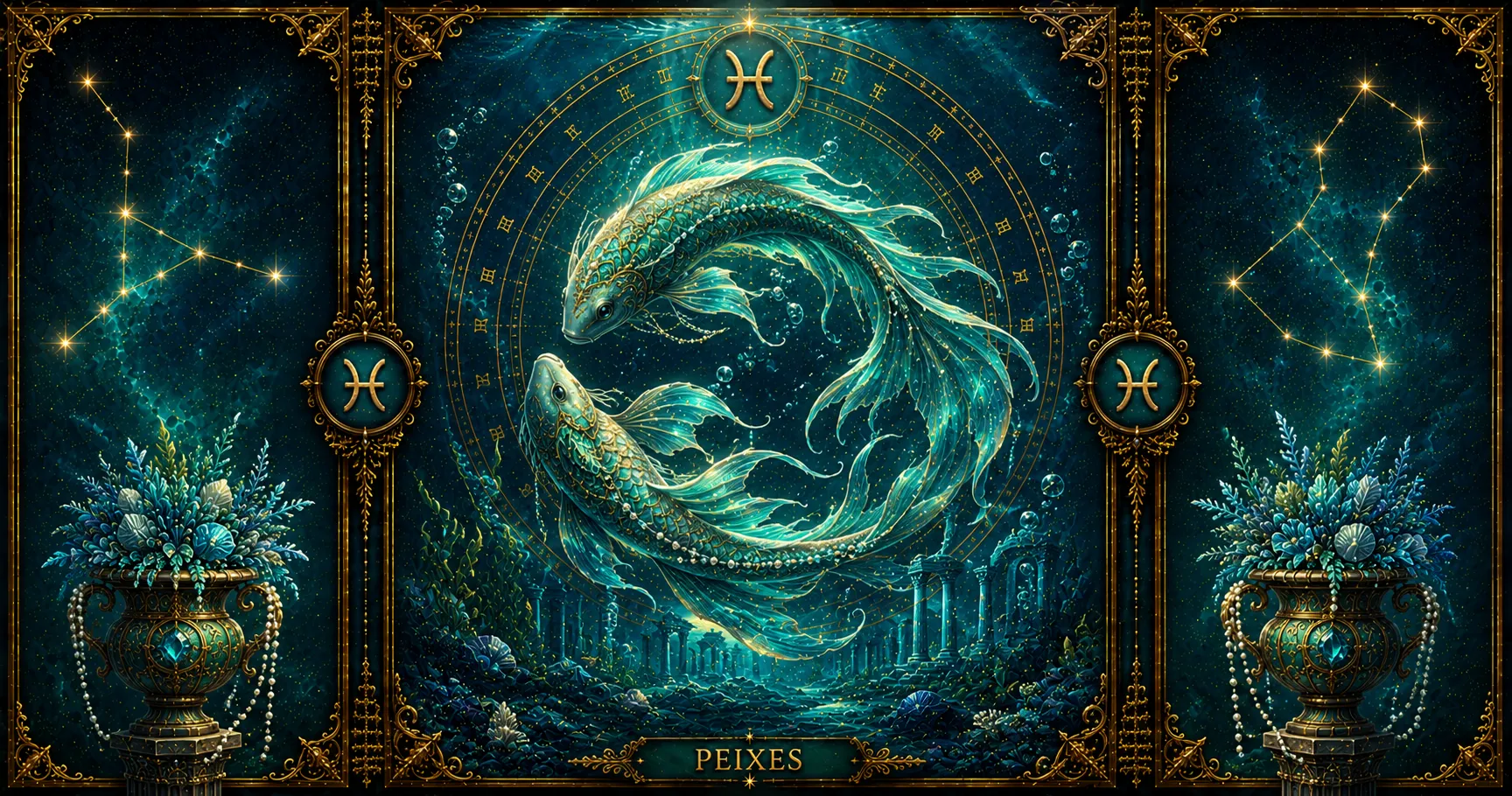 Carta Barbieri Zodiac Oracle Peixes ilustrada por Paolo Barbieri